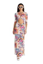 BLU4U Floral Escape Γυναικείο Ημιδιάφανο Μακρύ Φόρεμα Παραλίας / Καφτάνι