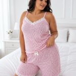 Plus Size Γυναικεία Πιτζάμα Ροζ με Κόκκινες Καρδιές | XL-5XL