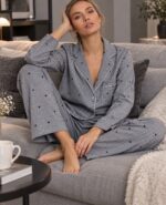 Aruelle Harriet Γυναικεία Πιτζάμα 100% Βαμβακερή Γκρι Ριγέ με Καρδούλες - Image 3