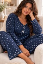 Γυναικεία Πιτζάμα Plus Size Ριμπ με Καρδούλες & Κουμπάκια – Μπλε | 2XL–5XL - Image 2