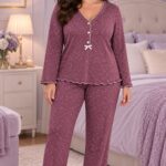 Γυναικεία Plus Size Πιτζάμα Ριμπ Μωβ με Πουά 2XL–5XL