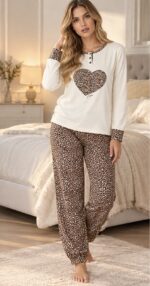 Γυναικεία Plus Size Πιτζάμα Εκρού με Animal Print Καρδιά – Βαμβάκι - Image 3