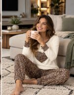 Γυναικεία Plus Size Πιτζάμα Εκρού με Animal Print Καρδιά – Βαμβάκι - Image 2